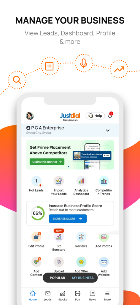 JD - The Best Local Search App - Interfaz de la aplicación Justdial para la gestión empresarial, incluyendo análisis de leads y herramientas de perfil