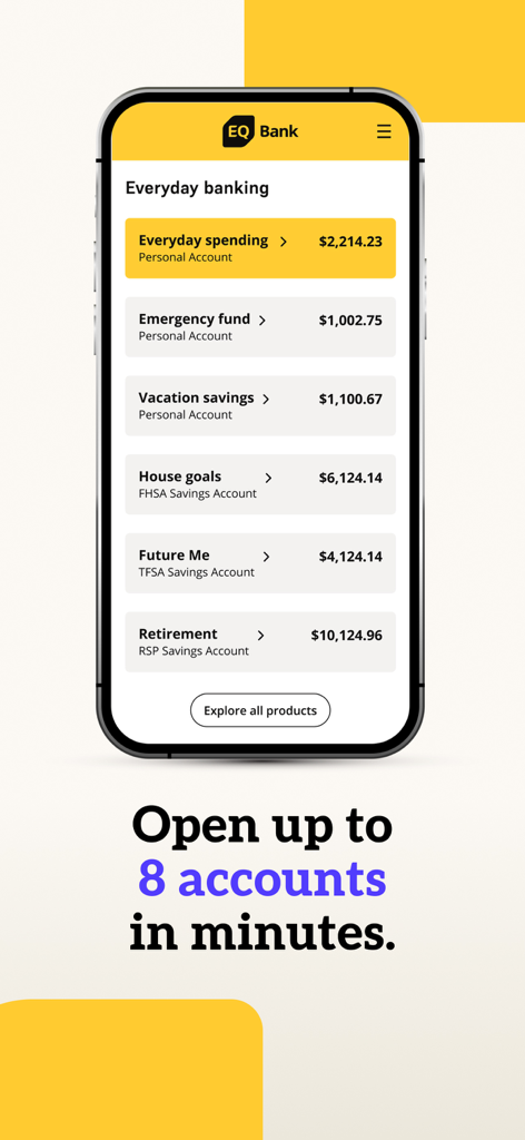 EQ Bank mobile app interface displaying multiple savings accounts with various financial goals