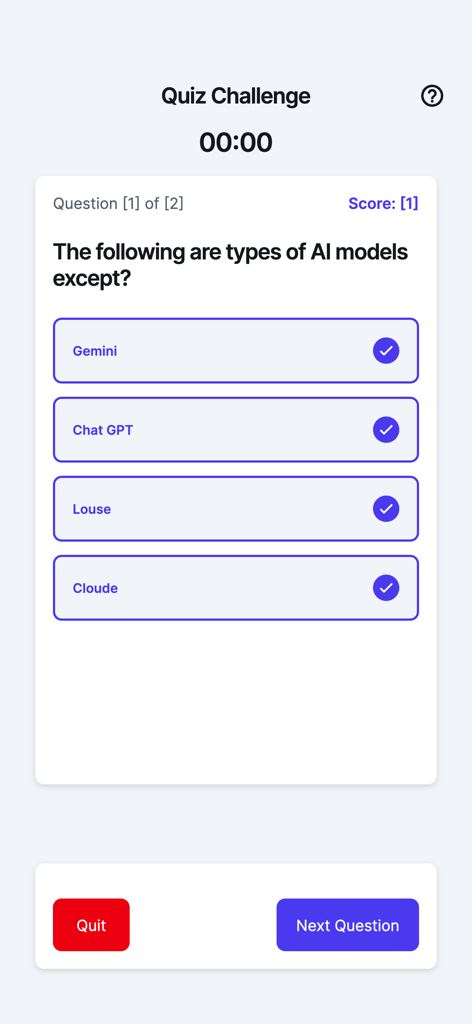 PrepForge - Interactive quiz screen in the PrepForge app showing a multiple choice question about AI models