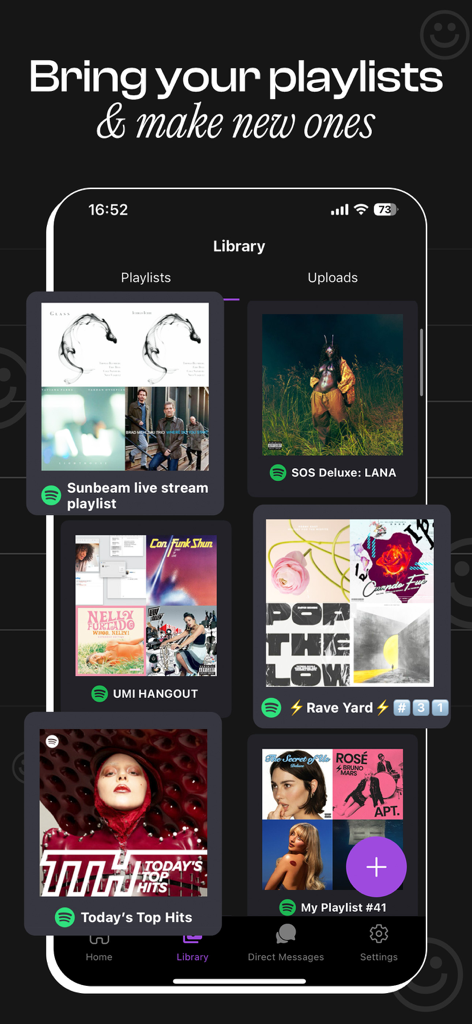 Hangout: New Friends + Music - Pantalla de la biblioteca de la aplicación Hangout que muestra listas de reproducción de música importadas de Spotify