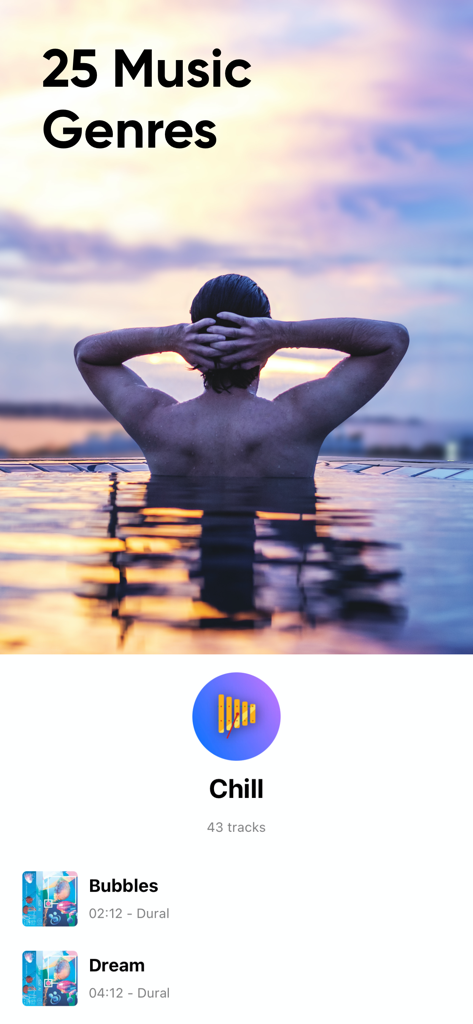Add Music to Video Editor - Interface of the Add Music to Video Editor app displaying 25 music genres and a selection of chill background tracks.