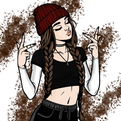 realistic teenage girl with braids and a beanie and crop top doing 🫶🏼