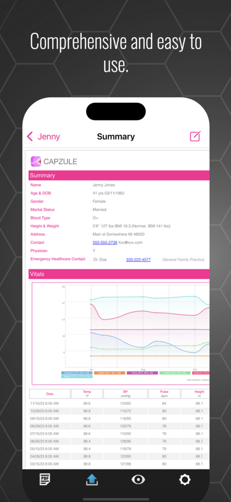 Capzule - A mobile app screen showing a detailed health summary including personal information, a vitals graph, and historical medical data.
