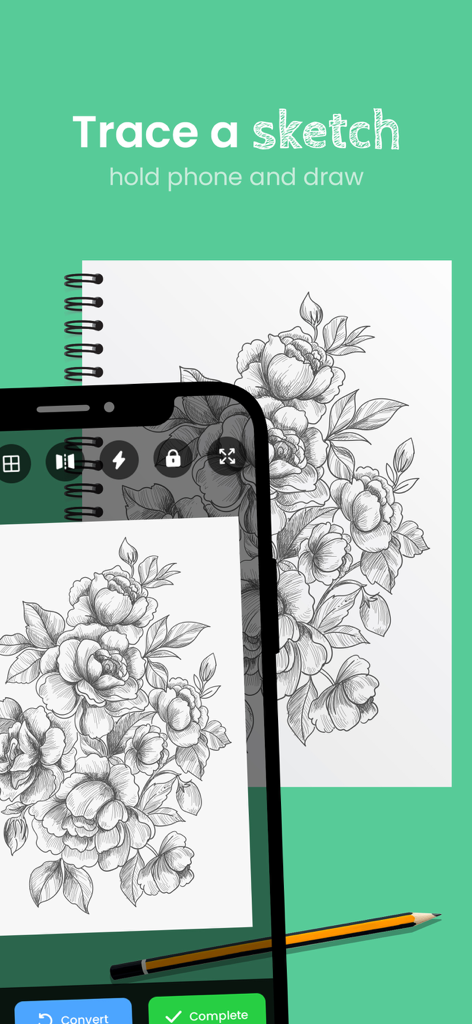 AR Draw - Paint & Sketch - Calcar un boceto de flor en papel usando la aplicación AR Draw en un smartphone