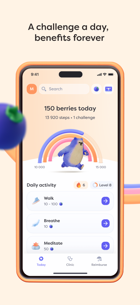 Alan Health app daily activity dashboard with gamified wellness challenges for walking and meditating.