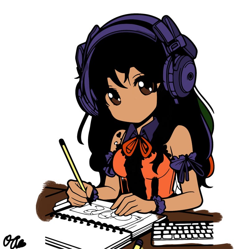 manga girl wearing headphones and drawing in sketchbook