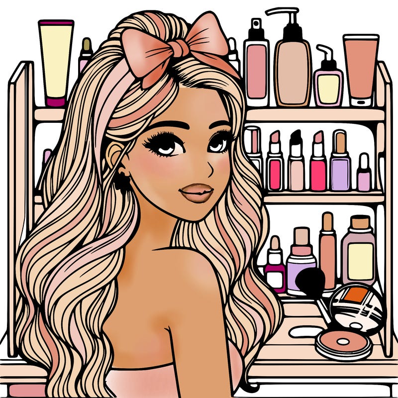 realistic girl with a vanity full of skincare and makeup behind her