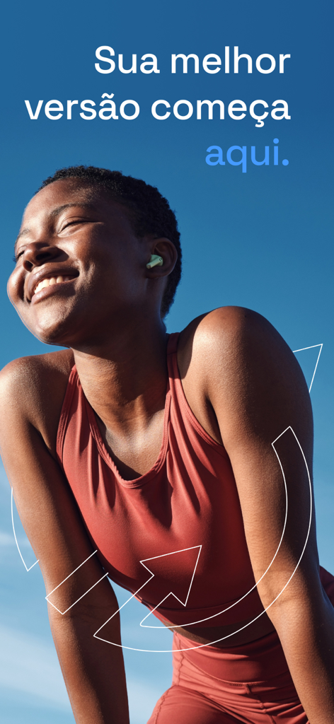 Prime Coaching - Uma mulher sorrindo em roupa atlética ao ar livre sob um céu azul com texto motivacional do aplicativo Prime Coaching.