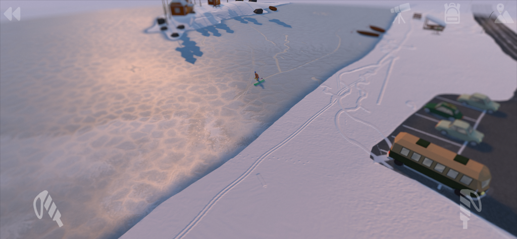 Grand Mountain Adventure - A skier exploring a frozen lake at sunset in the Grand Mountain Adventure mobile game.