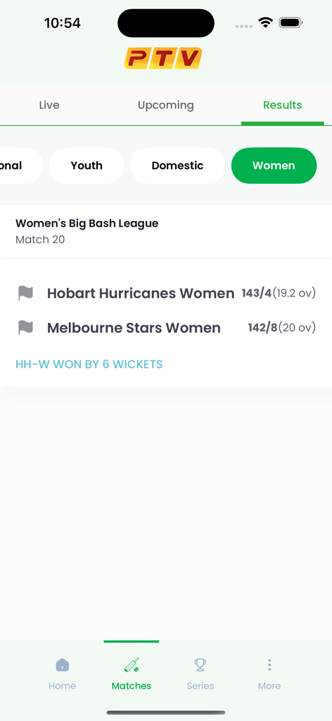 PTV Live Cricket app displaying results for a Women's Big Bash League match