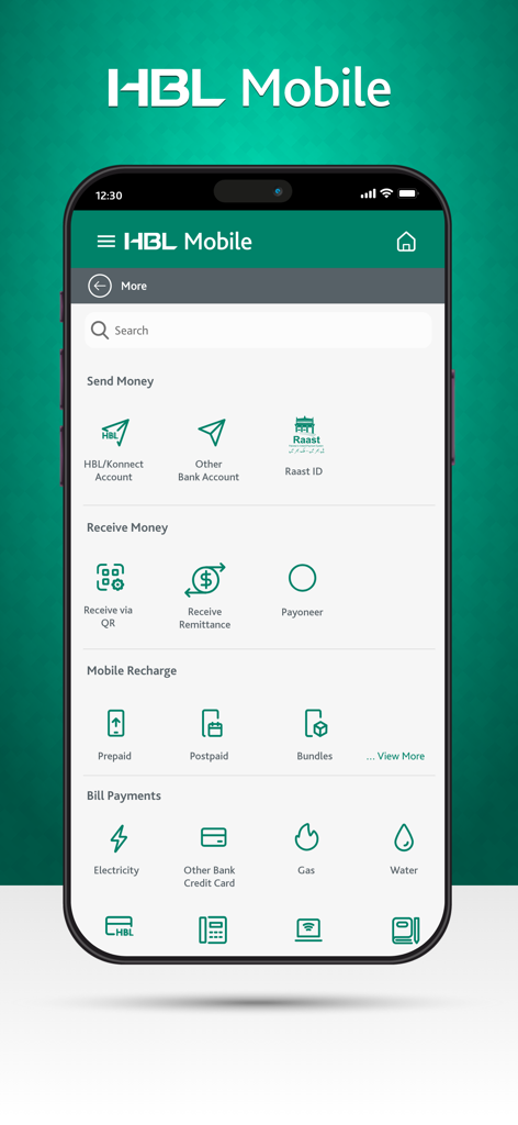 Interface of HBL Mobile app showing send and receive money and bill payment options