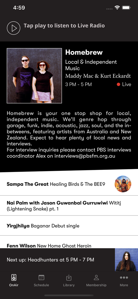 PBS FM - PBS FM radio app OnAir screen featuring the Homebrew show and recent tracks