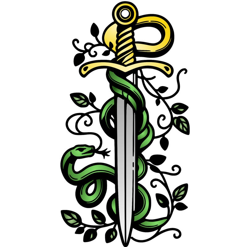 sword with vines and snake wrapping around