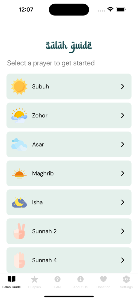 Salah Guide app main screen showing a list of daily prayers to select including Subuh Zohor Asar Maghrib and Isha