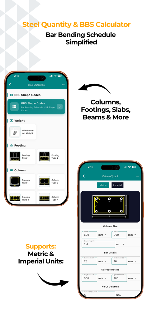 Construction Calculator A1 - メートル法とヤード・ポンド法の単位で、鋼材数量と鉄筋曲げスケジュール計算用のモバイルアプリインターフェイス。