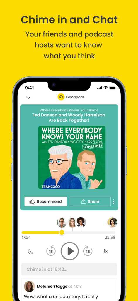 Goodpods: Podcast Player - A mobile screen showing the Goodpods podcast player with a community chat and discussion section