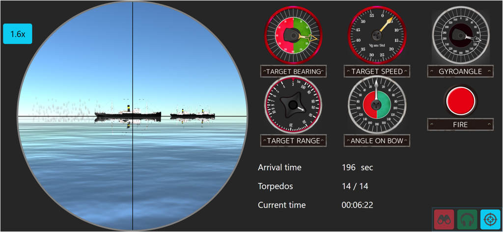 Vista de periscopio de submarino y panel de puntería del computador de datos de torpedos