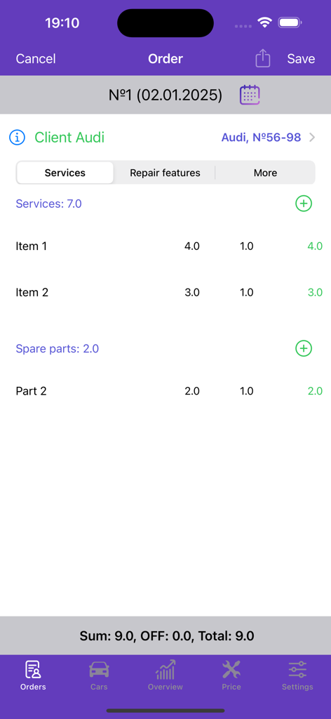 .Auto Repair - Interfaz de aplicación móvil de una orden de servicio mostrando desgloses de costos para servicios de mano de obra y repuestos para una reparación de coche.