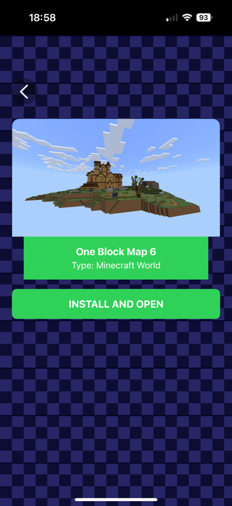 Interface for One Block Map 6 showing a floating island mansion and an install button