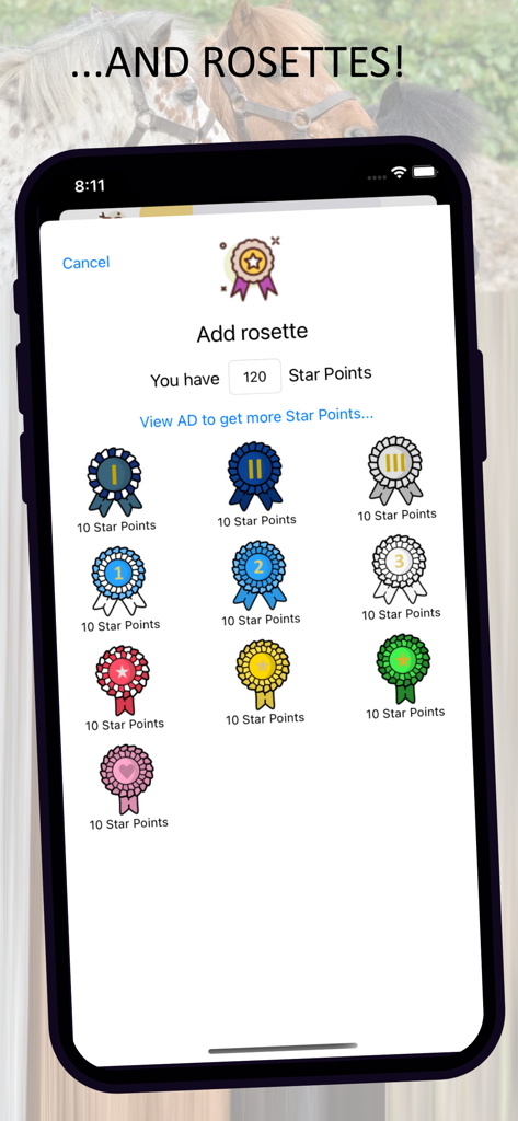 My Stable - Selection of colorful horse show rosettes in the My Stable app
