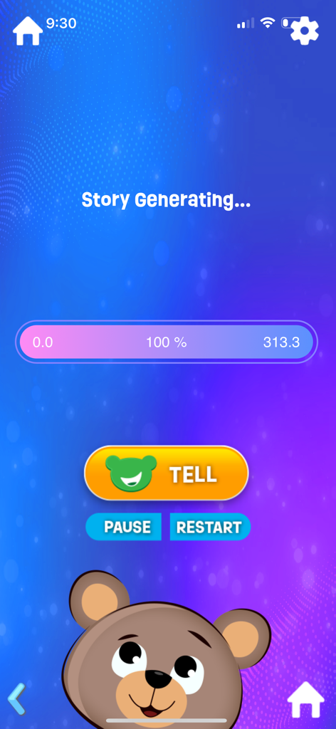 Plai Ai Story Creator - Plai Ai Story Creatorアプリのインターフェース。プログレスバー、「話す」ボタン、クマのポーのキャラクターが表示された、ストーリー生成画面。