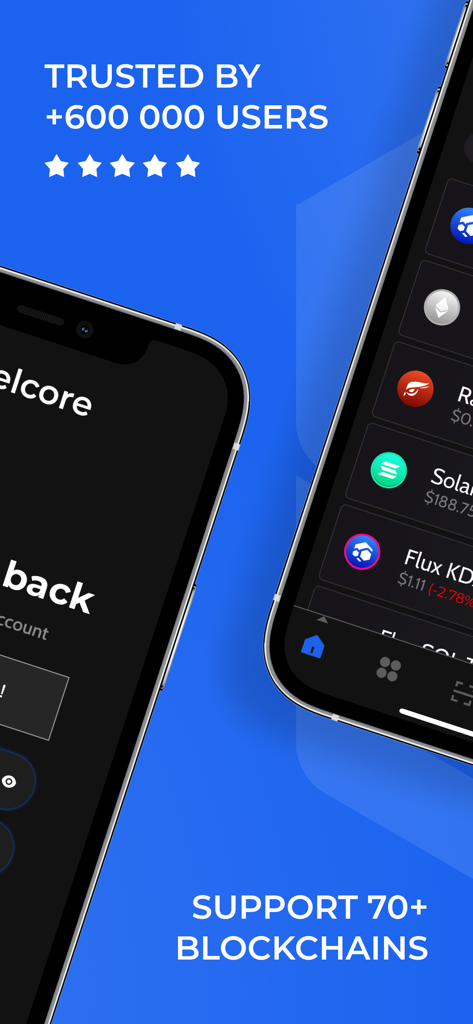 ZelCore - Interfaz de la aplicación ZelCore en dos iPhones mostrando soporte para más de 70 blockchains y confiado por 600000 usuarios