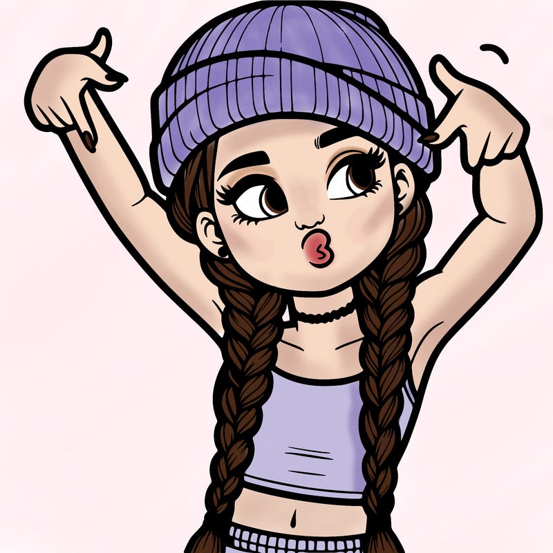 realistic teenage girl with braids and a beanie and crop top doing 🫶🏼