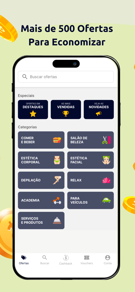 Capture d'écran de l'application mobile Cidade Oferta affichant diverses catégories d'offres locales comme la restauration et les services de beauté.