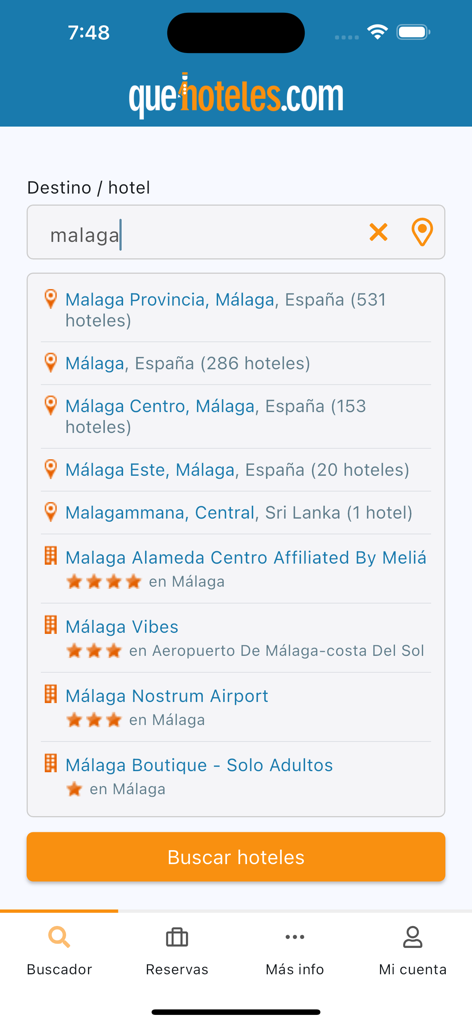 QueHoteles.com - Mobile app screen for QueHoteles showing a hotel search for Malaga with a list of destination results