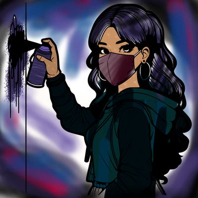 realistic girl with mask spray painting a wall