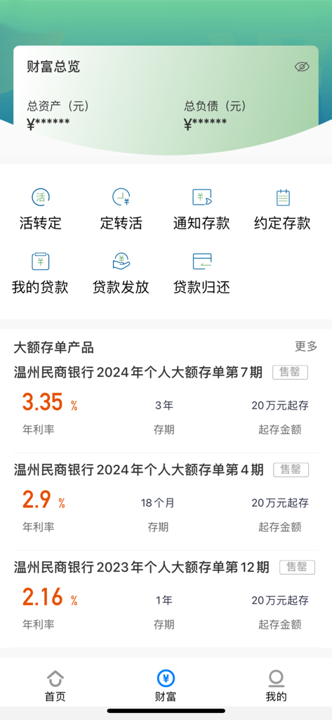 温州民商银行手机银行 - Wealth management interface of Wenzhou Minshang Bank mobile app showing account overview and certificate of deposit investment products