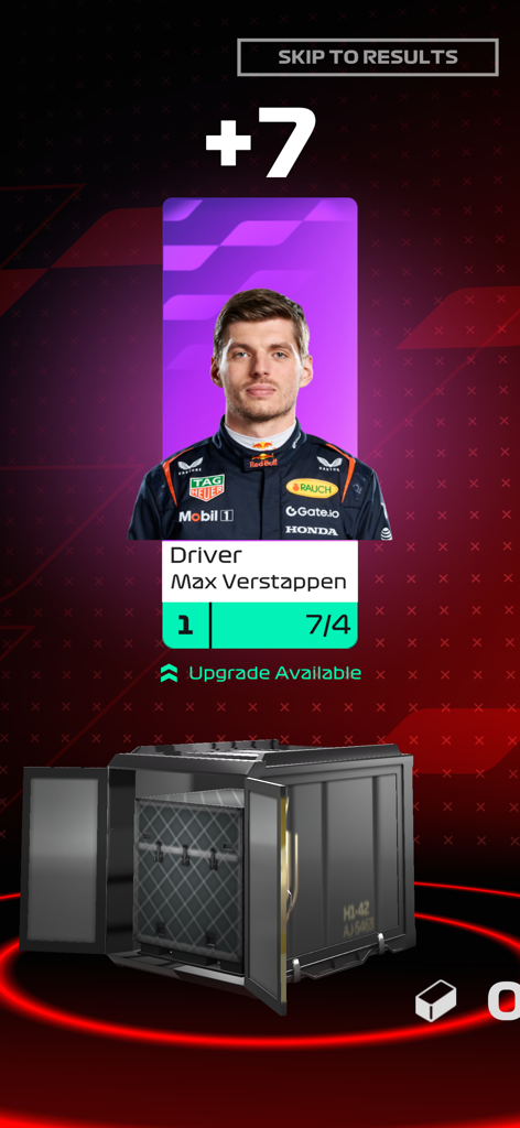 F1 Clash - Official 2025 Game - Screenshot of F1 Clash showing a Max Verstappen driver card from a loot crate with an upgrade available