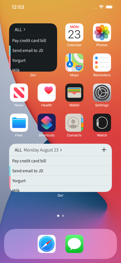 Two minimalist to-do list widgets on an iPhone home screen displaying daily tasks.