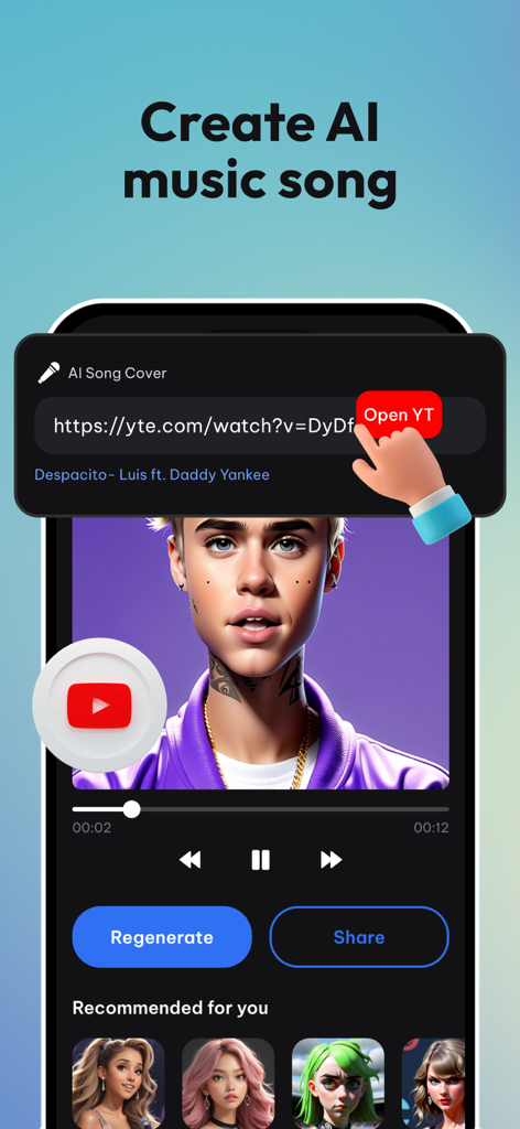 AI Voice Changer & Song Cover - Mobile app screen showing how to create AI music song covers using YouTube links and celebrity voices