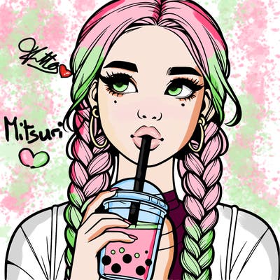 realistic girl with braided hair drinking boba