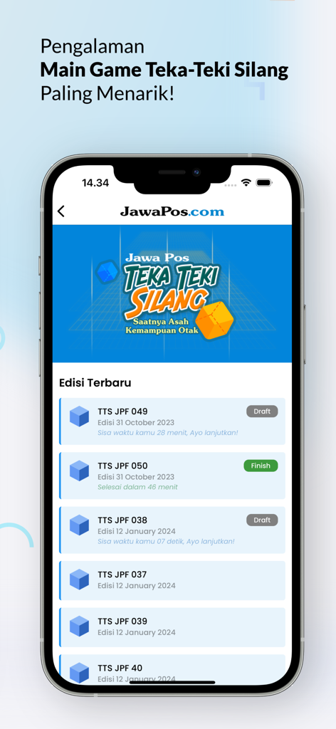 JawaPos.com app screenshot showing the interactive crossword puzzle game section