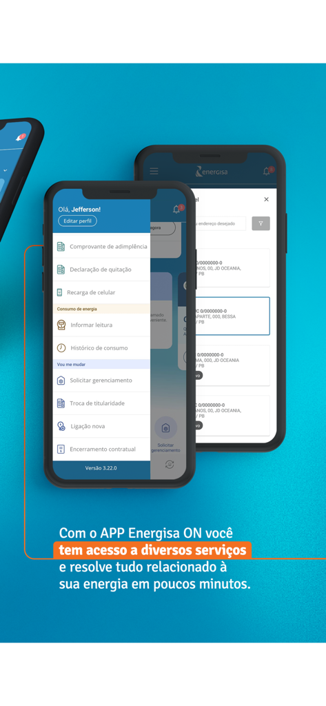 Interface do aplicativo Energisa On mostrando o menu de serviços e as telas de seleção de propriedades em telefones celulares.