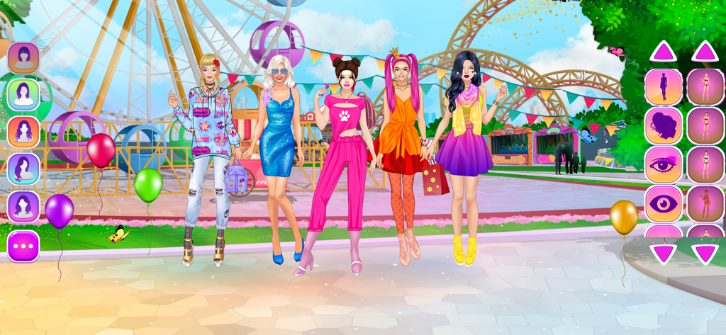 Cinco chicas vestidas con atuendos de moda en un parque de atracciones