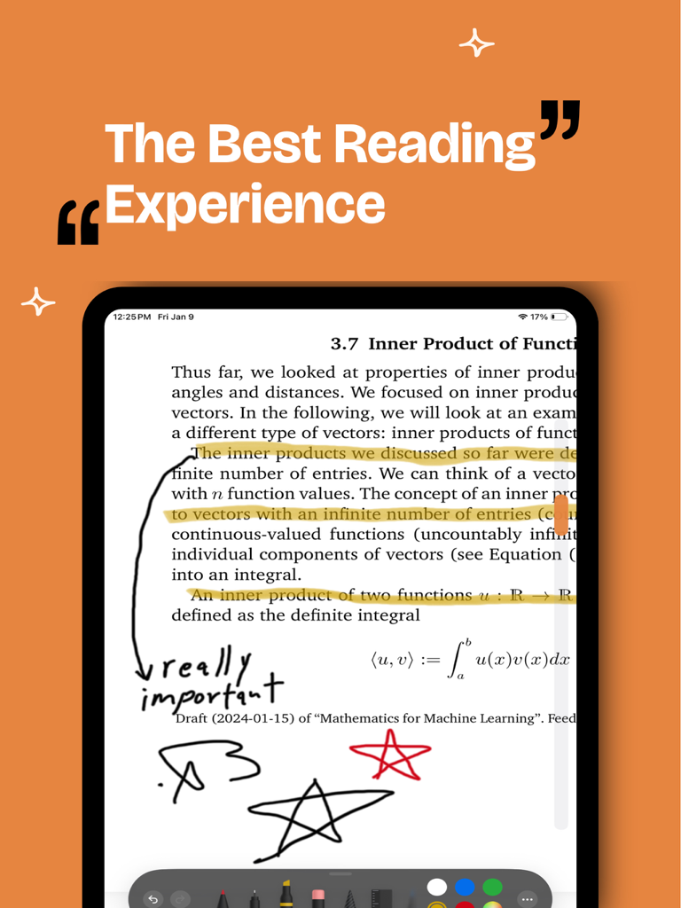 Fulora: Reader & Book Tracker - iPad screen showing technical PDF annotation with highlights and handwritten notes in Fulora app