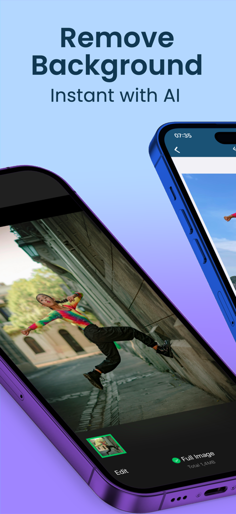 AI Background Eraser: CleanCut - AI背景リムーバーアプリが表示されている携帯電話の画面。路地で人物が写った写真。