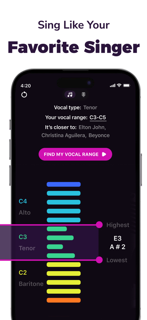 A smartphone interface displaying vocal range test results and comparisons to famous singers like Elton John and Beyonce