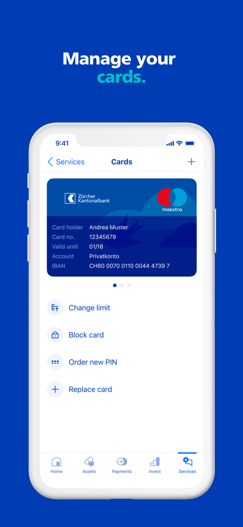 ZKB Mobile Banking App-Oberfläche, die Kartenmanagement-Optionen wie Kartensperrung oder Änderung von Limits anzeigt