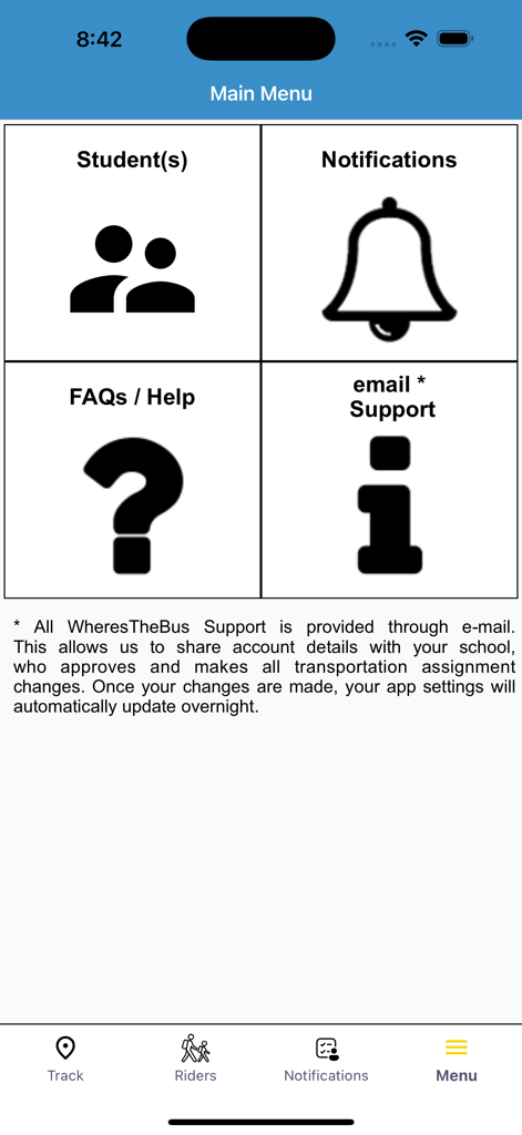 WheresTheBus - Main menu of the WheresTheBus app featuring icons for students, notifications, help, and email support