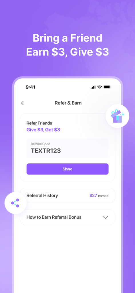 Textr eSIM: Travel Mobile Data - Textr eSIM mobile app screen showing a refer and earn program where users give 3 dollars and get 3 dollars for each friend invited.