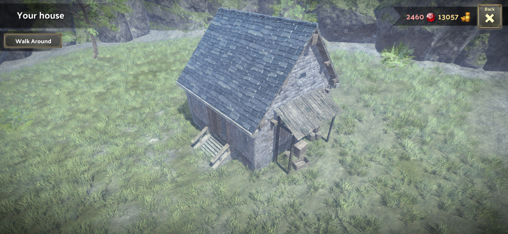 Knights of Glory : Online - A medieval stone cottage in a grassy field with Your House text and game UI