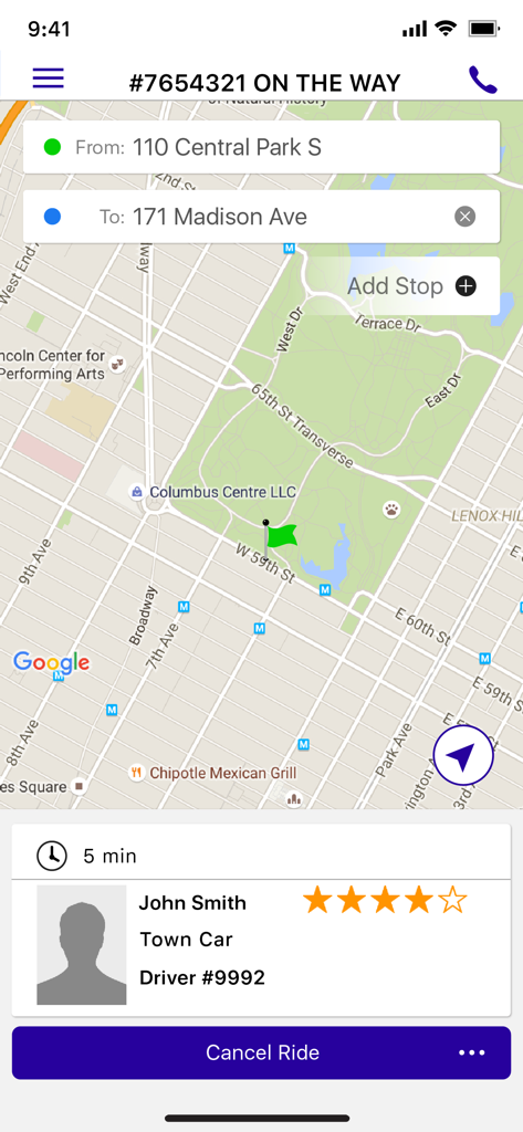 Rainbow Car Service - Rainbow Car Service app interface showing a ride tracking map with driver details and estimated arrival time
