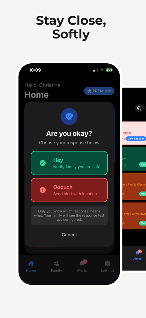 Interface do aplicativo Beep Safe mostrando um prompt de check-in de segurança com botões de resposta para notificar a família ou enviar alerta