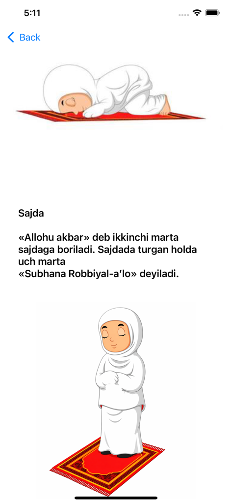 Cartoon illustration of prayer steps with instructions in the Uzbek language
