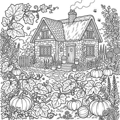 Step into a delightful cottagecore world with this intricate coloring page, featuring bountiful pumpkin vines winding around a charming rustic farmhouse. It's an invitation to relax and bring a cozy autumn scene to life with your favorite colors.