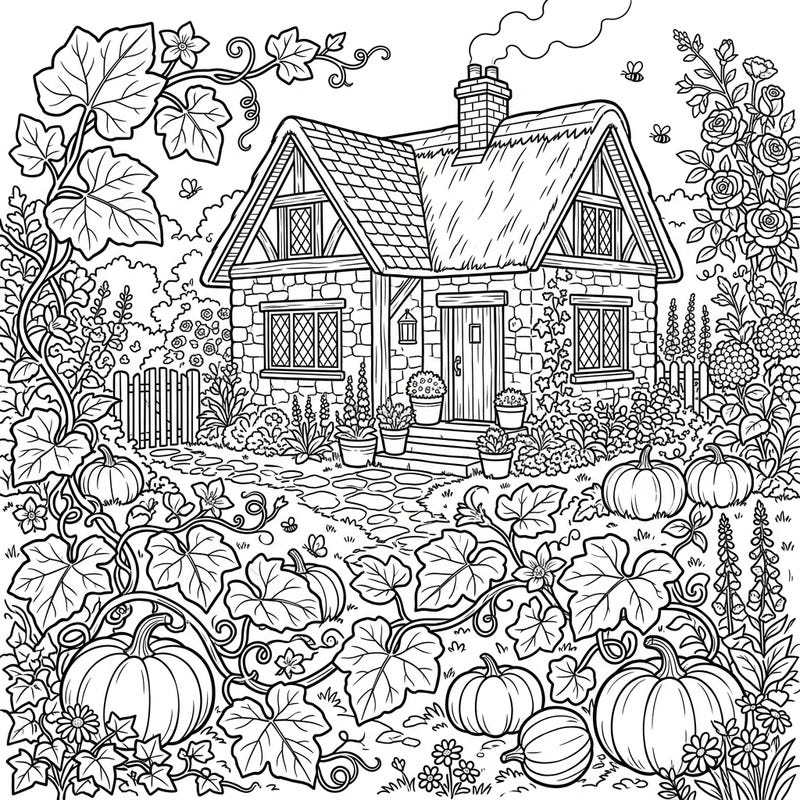 Step into a delightful cottagecore world with this intricate coloring page, featuring bountiful pumpkin vines winding around a charming rustic farmhouse. It's an invitation to relax and bring a cozy autumn scene to life with your favorite colors.